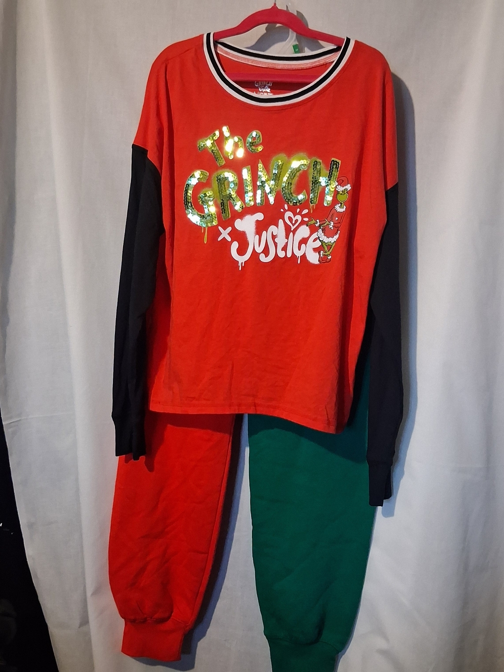 Justice Red, Black & Green Sequin Grinch Pajama Set